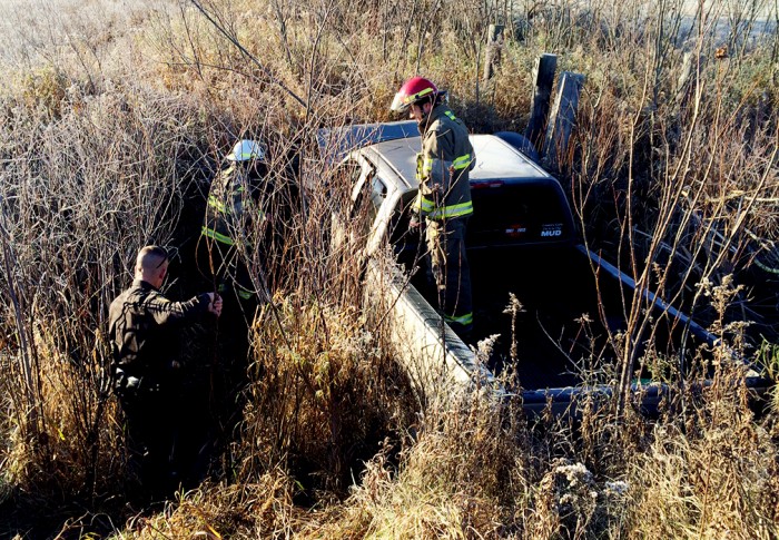 Driver injured after truck lands in ditch.